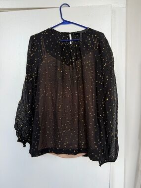 BCBGMaxAzria Black Sheer Blouse with Gold Dot Accents